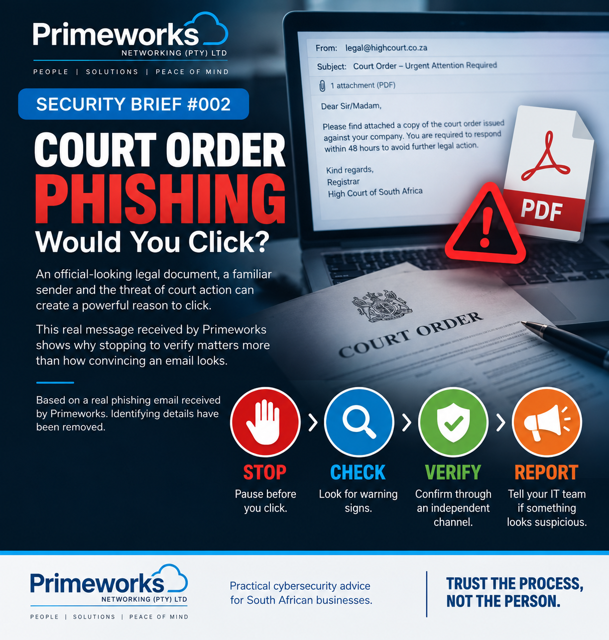 Primeworks Security Brief 002 about court-order phishing, verification and reporting