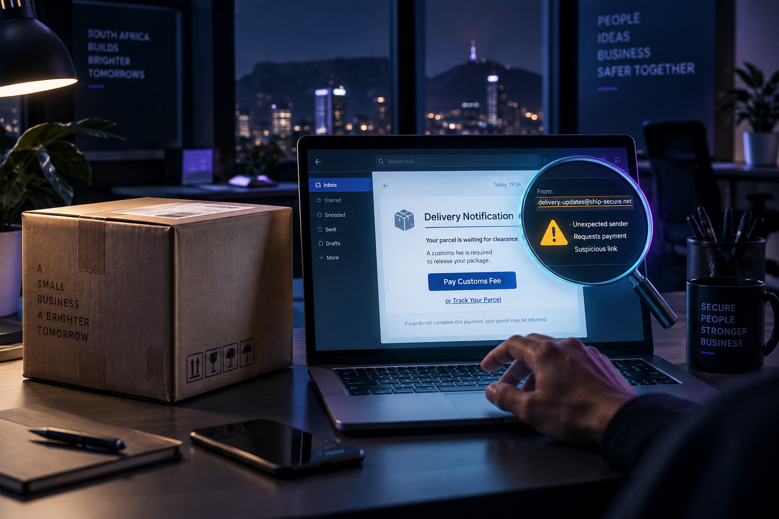 Primeworks Security Brief 003 warning about fake courier customs fee emails and parcel phishing scams